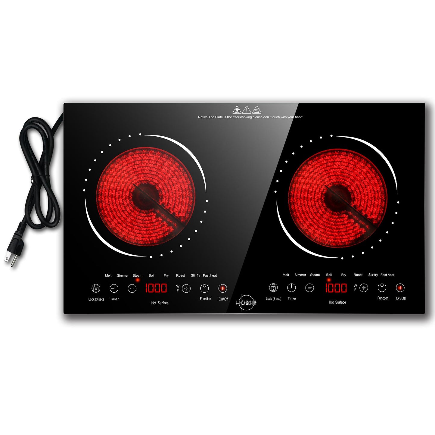 Hobsir 2 Burner Electric Cooktop 110V with Plug, Total 2000W Shared Power, Electric Stove Top with 8 Function & 8 Power, Two Burner Kitchen Cooktop with Timer & Child Safety Lock, for RV Camping
