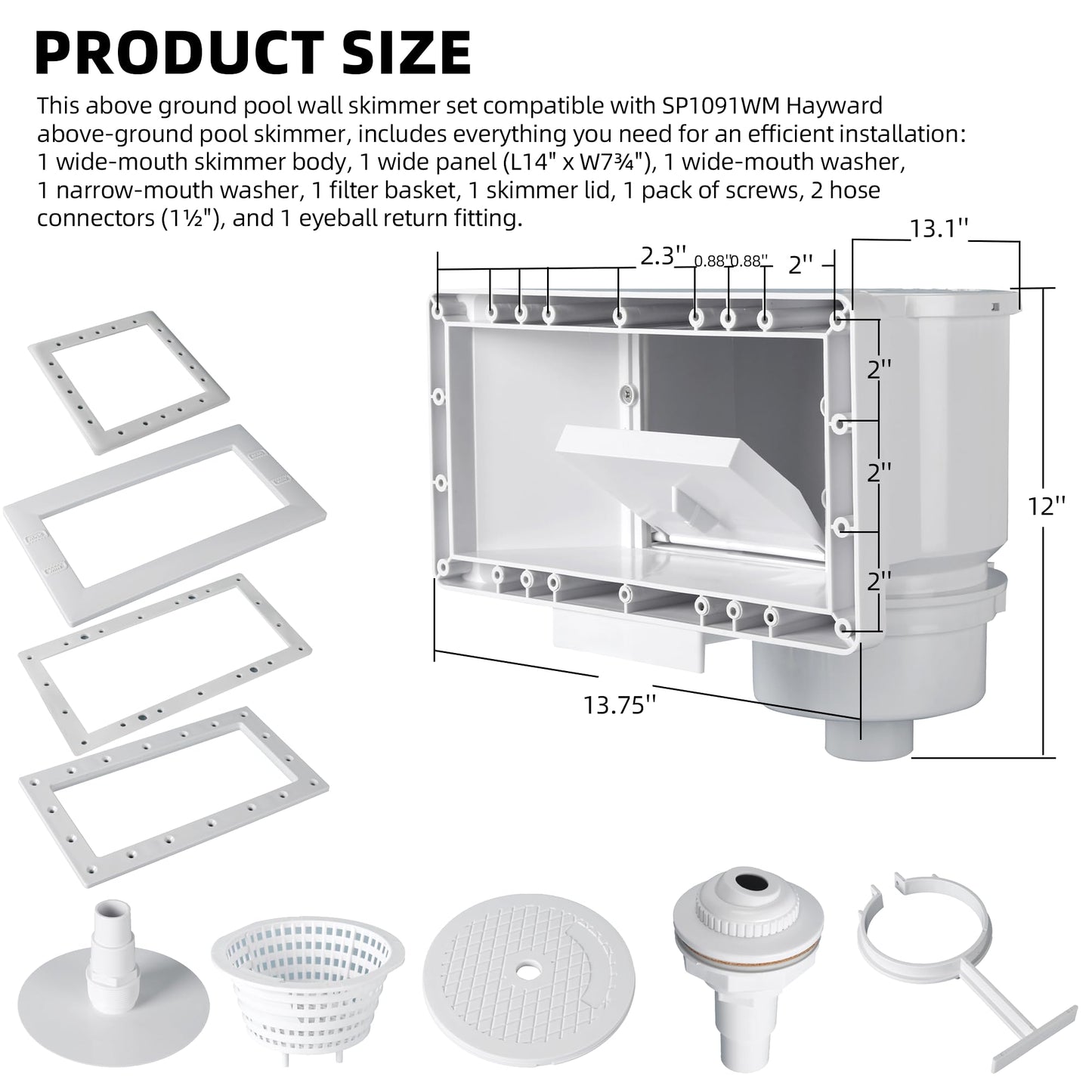 TonGass Complete-Set SP1091WM Thru-Wall Skimmer Kit Compatible with Hayward Above-Ground Pool Skimmers, Wide Mouth Through Wall Skimmer Set for SP1091WM Dyna-Skim Above-Ground Pool Skimmers