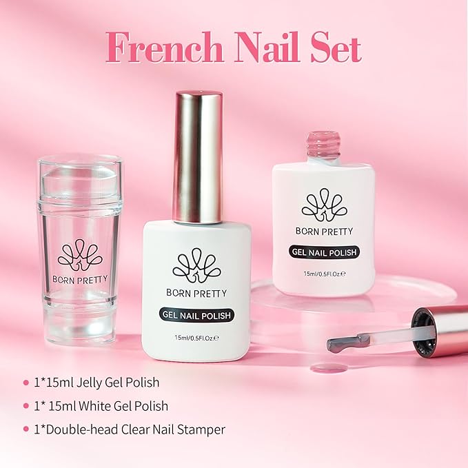Born Pretty French Manicure Kit, Nail Stamper and 2Pcs Gel Nail Polish, Include Jelly Milky Pink White Colors for French Tip, U V Light Cure