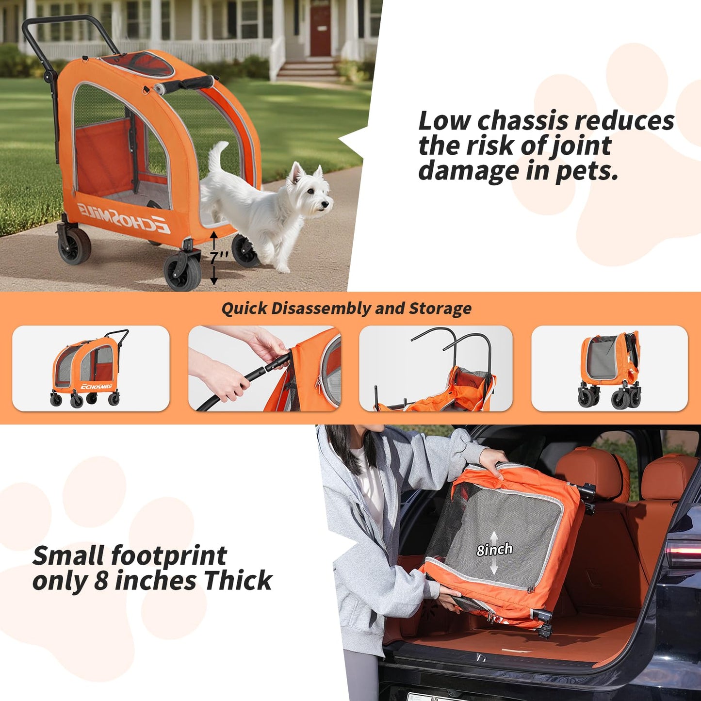 EchoSmile 4 Wheels Pet Stroller, Dog & Cat Stroller for All-Season, Lightweight Carrier with Storage Basket, Adjustable Handle, Removable Pad, Breathable Mesh, Up to 135 lbs, Orange (Orange)