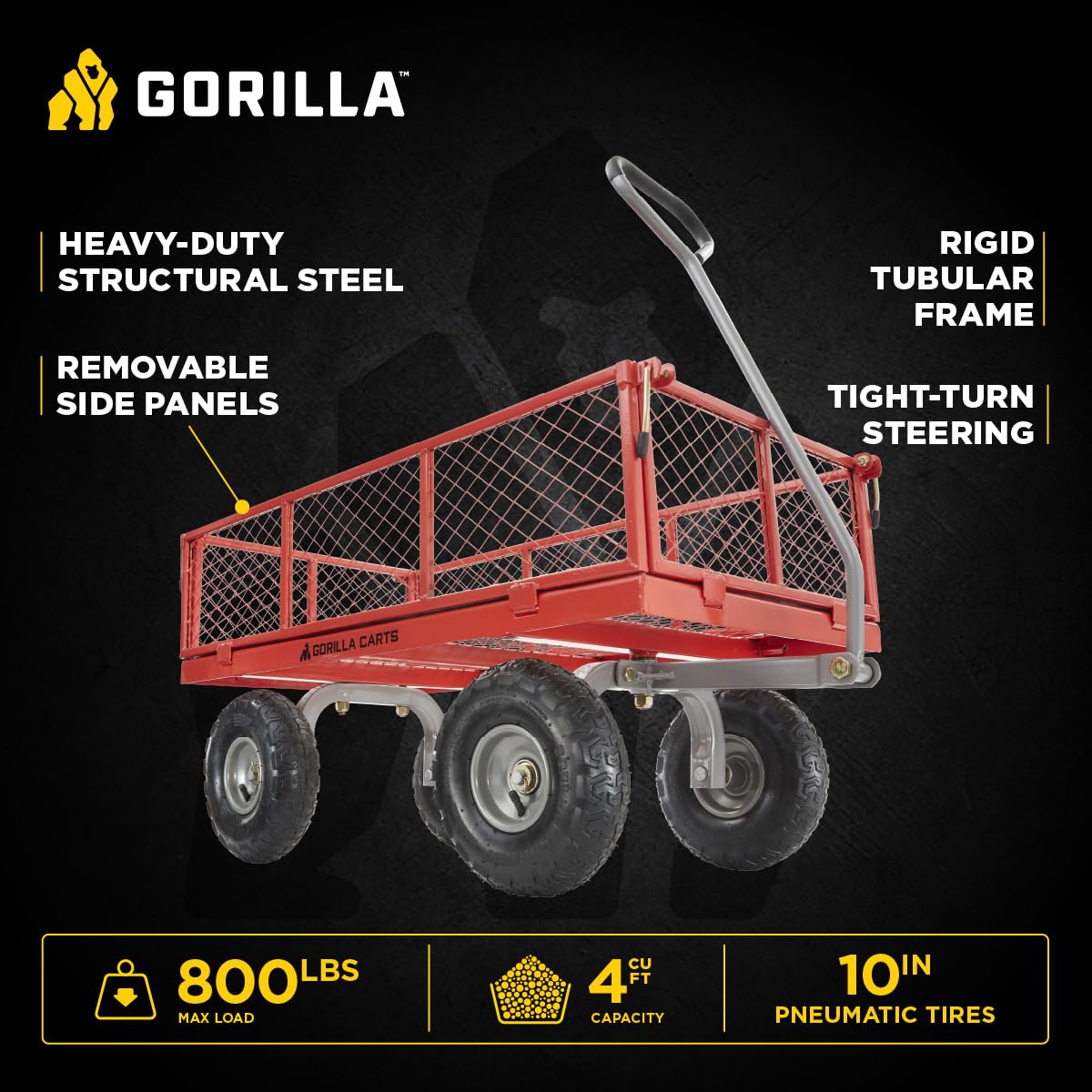 Gorilla Carts Steel Utility Cart, 4 Cu Ft Bed, 800 lb Load Capacity, Black – Heavy-Duty Outdoor Hauling Wagon with Removable Side Panels for Yard, Lawn, Garden or Landscaping