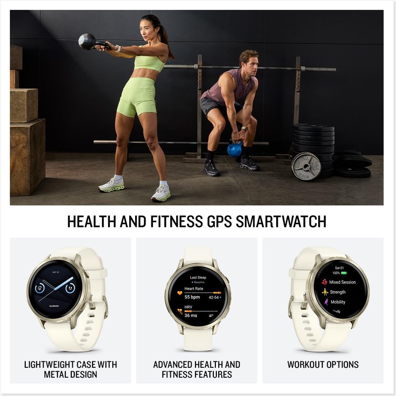 Garmin Venu® 4, 41mm, Advanced Health and Fitness GPS Smartwatch, Bright and Colorful Display, Built-in Flashlight, 10 Days of Battery Life, Lunar Gold with Bone Silicone Band