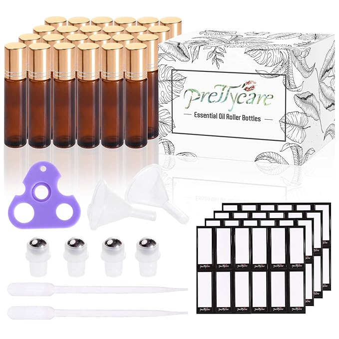 PrettyCare 24 Pack, 10 ml Essential Oil Roller Bottles with Stainless Steel Roller Ball - Refillable Leak-proof Empty Thick Amber Glass Roll on Bottles with Metal Caps for Travel, Perfume