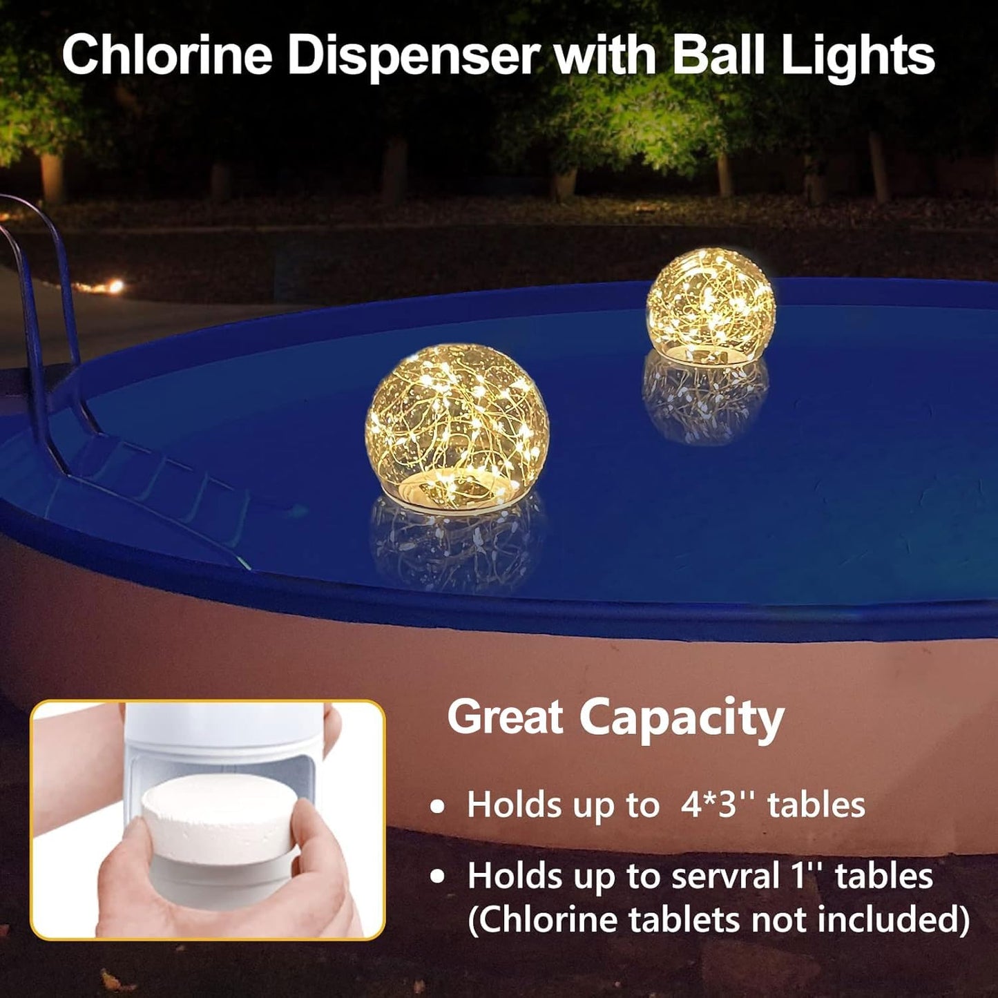 FineBud Pool Chlorine Floater with Solar Ball Lights, Floating Pool Chlorines Dispenser for 4x3” Chlorine Tablets, Easy Opening chlorines Tablet Holder Floater, Anti-Sinking Spa Chemical Dispenser