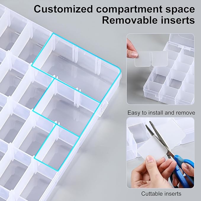 1 Pack 36 Grids Clear Plastic Organizer Box with Adjustable Dividers, Small Craft Organizers and Storage, Compartment Container for Bead, Nail, Jewelry, Art, DIY Crafts, Fishing Tackle, Small Items