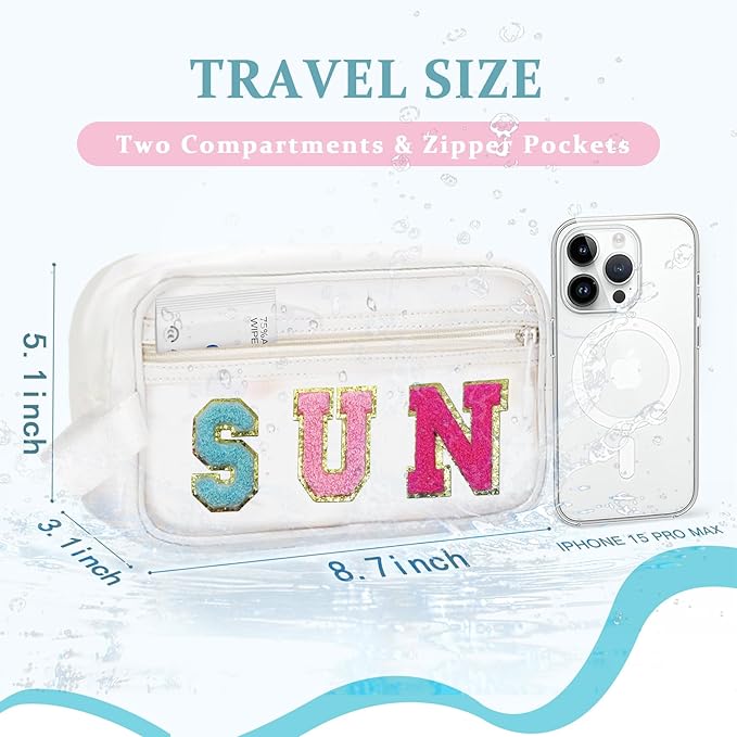 COSHAYSOO Clear SUN Makeup Bag Sunscreen SPF Pouch Beach Pool Lake Spa Travel Cosmetic Toiletry Stuff Organizer for Women Teenage Girls Mothers Day Nurse Appreciation Graduation Preppy Gifts