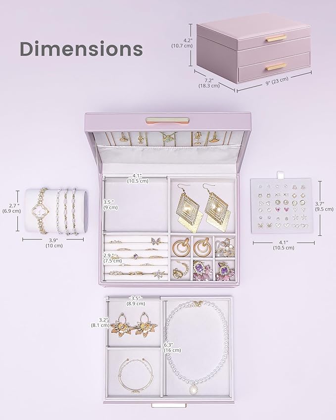 Lolalet 2-Layer Jewelry Box Organizer for Women Girls, Jewelry Storage Case Holder with Drawers for Necklaces Ring Earrings Bracelet Watch, Gifts for Galentines Valentines Girlfriend Wife -Purple