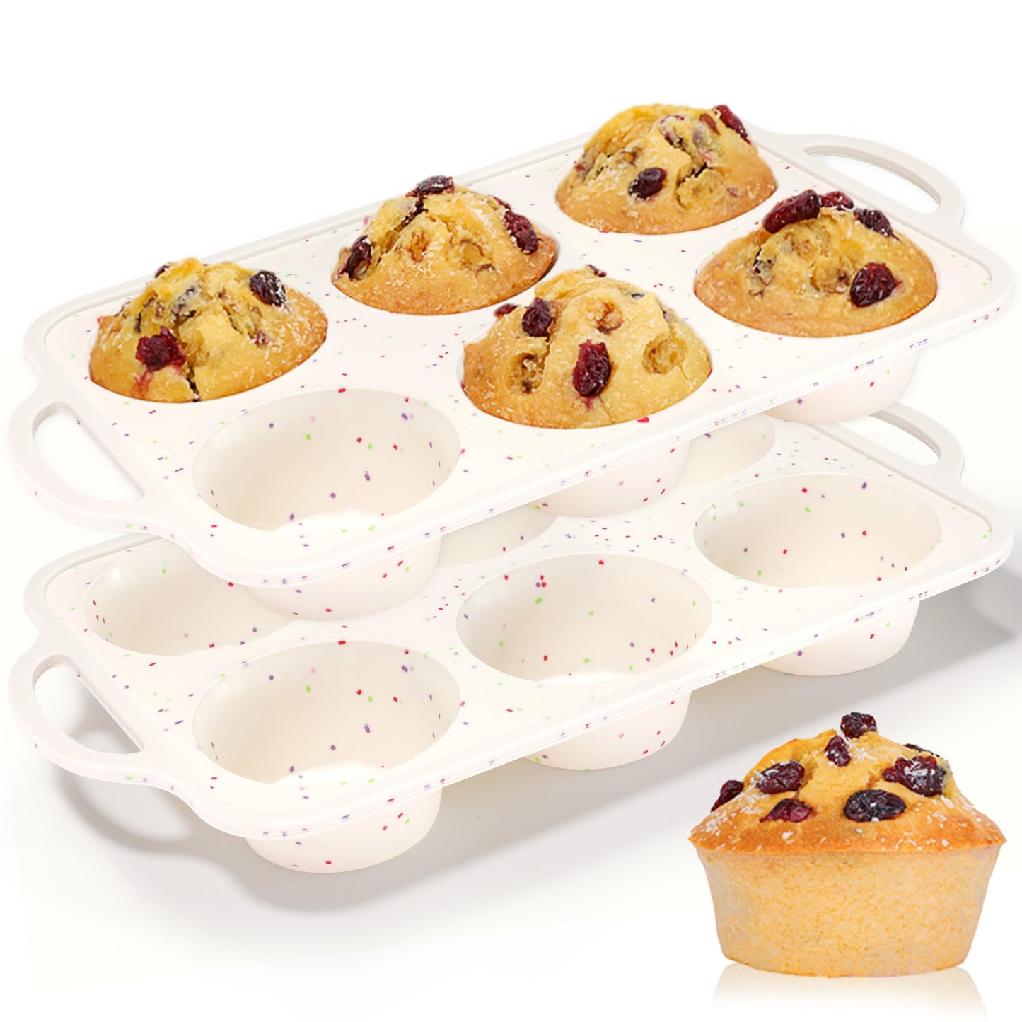 Large Muffin Pan, Metal Reinforced Frame 3.5 Inch Jumbo Silicone Muffin Pan Nonstick 6 Cups for Baking Jumbo Muffin, Frittatas, Jumbo Cupcakes 2 Pack Confetti