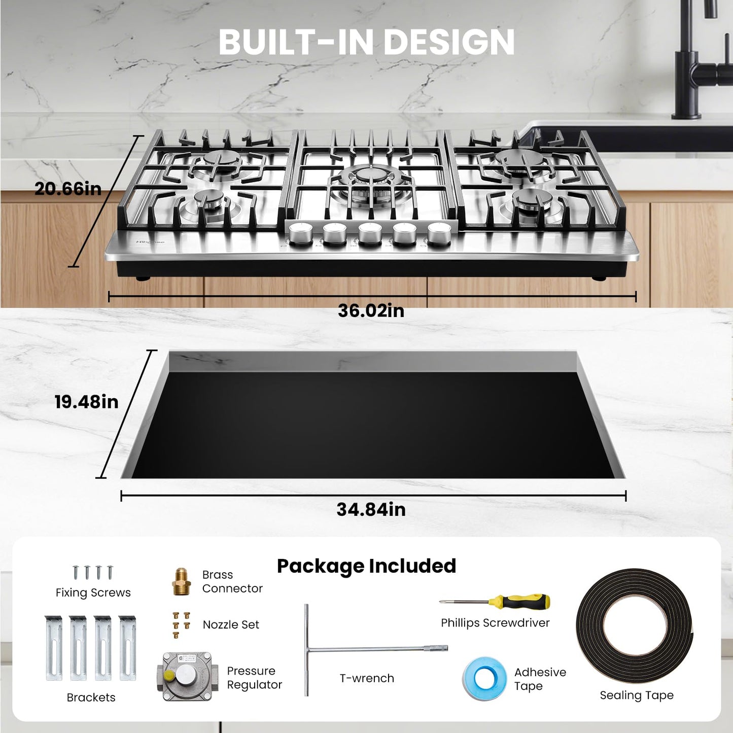 Hibghse 36 Inch Gas Cooktop with 5 Sealed Burners, Stainless Steel Propane Stove Top, NG/LPG Convertible, Built-in Stovetop with Thermocouple Protection for Rvs Kitchen Outdoor