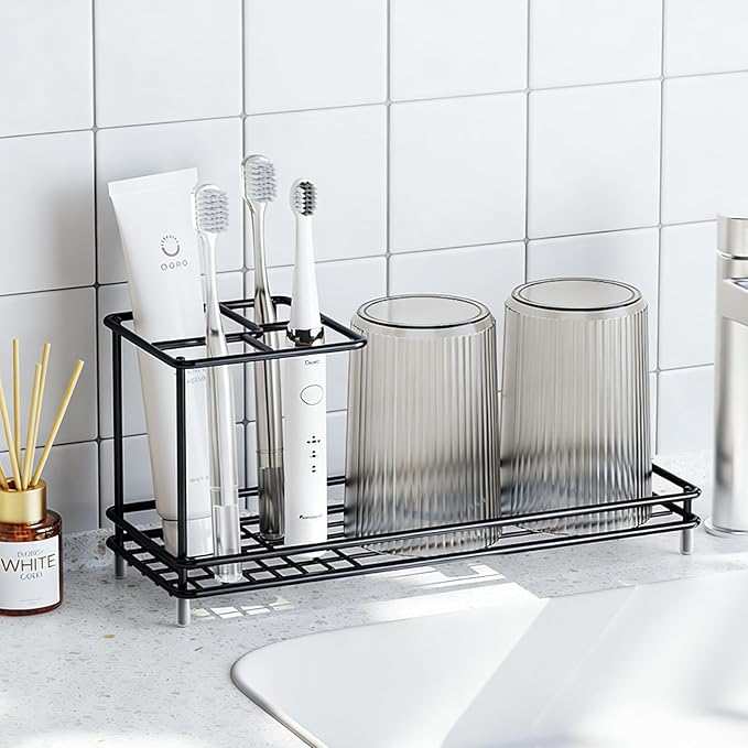 Toothbrush Holders for Bathrooms, Carbon Steel Tooth Brush Holder Electric Toothbrush and Toothpaste Organizer Bathroom Accessories for Countertop, Shower, Sink - Black