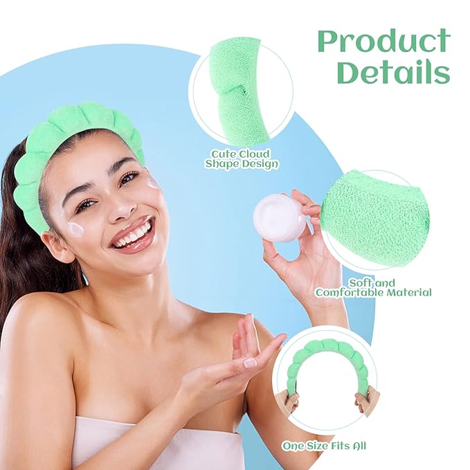 Women's Spa Headband for Washing Face, Makeup Removal, and Shower - Terry Cloth Puffy Sponge Headband with Hair Accessories (Green)