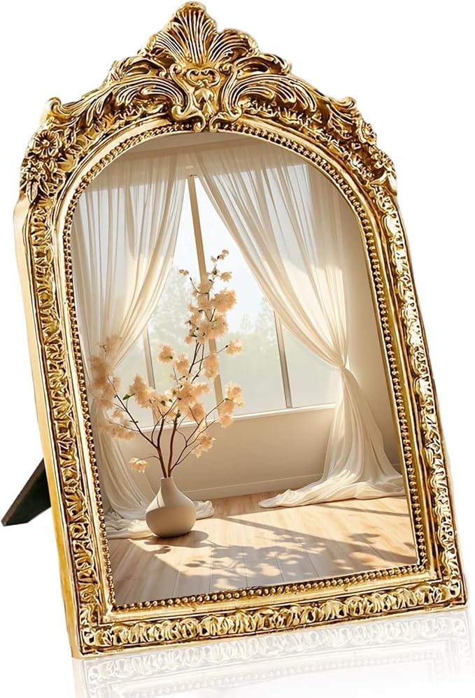 YUSONG Vintage Makeup Mirror for Tabletop - 8" Antique Gold Arched Desk Mirrors with Resin Frame Vanity Table Mirror for Bedroom Living Room Retro Decor