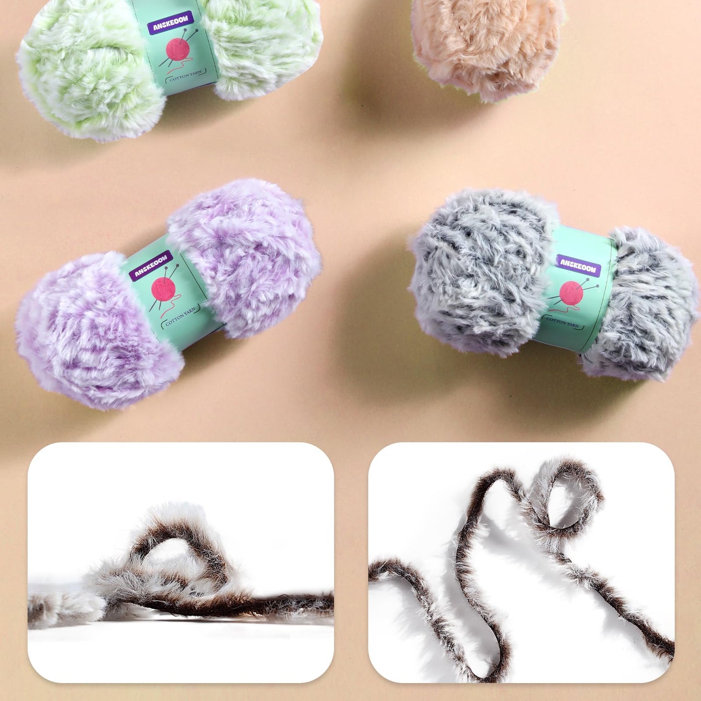 6 Skeins Faux Fur Yarn Soft Fluffy for Crocheting - Chunky Fuzzy Yarn for Crochet Amigurumi, Hat, Shawls, Total Length (71x6) Yards (Cream)