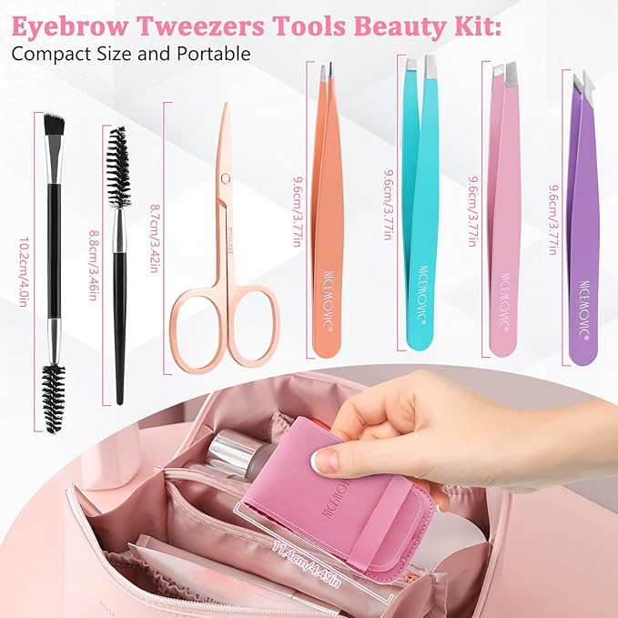 NICEMOVIC 7 Pcs Tweezers Set for Women Facial Hair, Tweezers for Eyebrows with Scissor & Brush, Easter Basket Stuffers for Women Teen Girls, Mother's Day Gifts, Stocking Stuffers Christmas Gifts