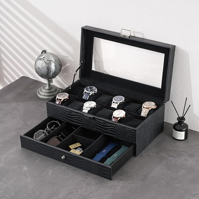 ProCase Watch Box, 12 Slot Mens Watch Case With Drawer, 2-Layer Watch Display Case With Glass Lid, Mens Jewelry Box Storage Holder Organizer, Birthday Valentine Gifts for Men -12Slot, LizardBlack