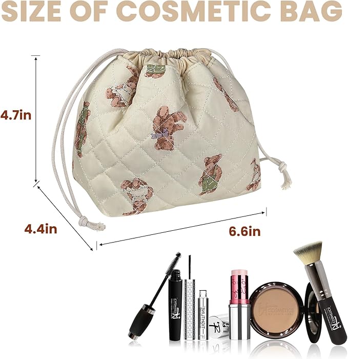 Gosect Large Makeup Bag, Cute Drawstring Cosmetic Bag with Canvas Lining, Floral Coquette Aesthetic Toiletry Bag, Travel Make Up Organizer Bag for Women and Girl (Bear