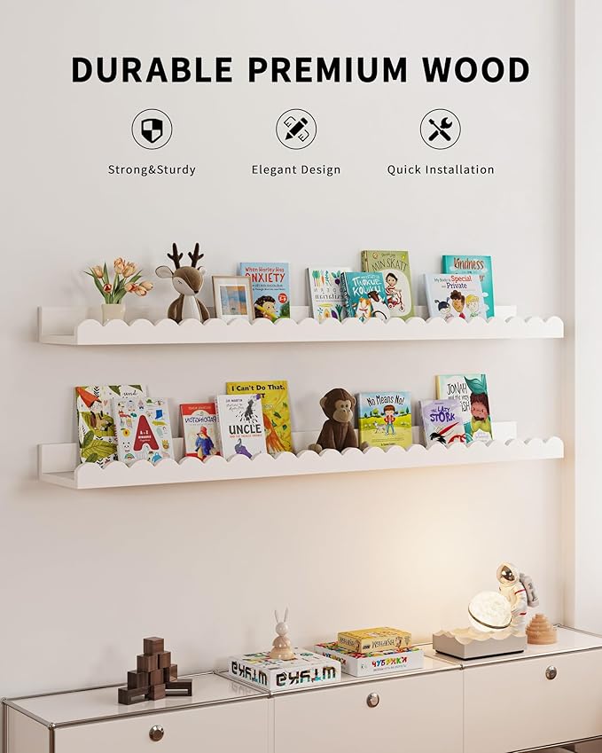 Shario Nursery Book Shelves, 4-Pack White Floating Shelves for Wall Kids, Scalloped Shelves, Wall Book Shelves for Bedroom Kids, Toddler Room, Baby Room, Nursery Decor (White, 36 Inches)