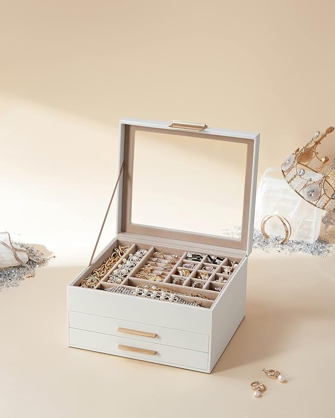 SONGMICS GISELLA Collection - Jewelry Box Organizer, 3-Layer Jewelry Storage with 2 Drawers, Shiny Metal Hardware, Glass Lid, Modern, 8 x 9.1 x 5.3 Inches, Cloud White and Gold Color UJBC239WT