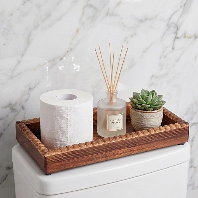 Bathroom Counter Organizer Tray, Wooden Countertop Vanity Trays with Beaded Edge, Farmhouse Decorative Tray Stand for Toilet Tank Candle Sink Kitchen Coffee Bar