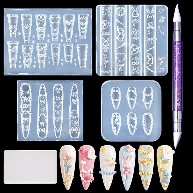 Laza 4pcs Cream Chain Silicone Nail Art Molds, 3D Multiple Shapes Embossed Cream Chain Bowknot Rabbit Charms Nail Accessories with Carving Pen Resin Nail Art Mold Manicure Tools for Manicure Design