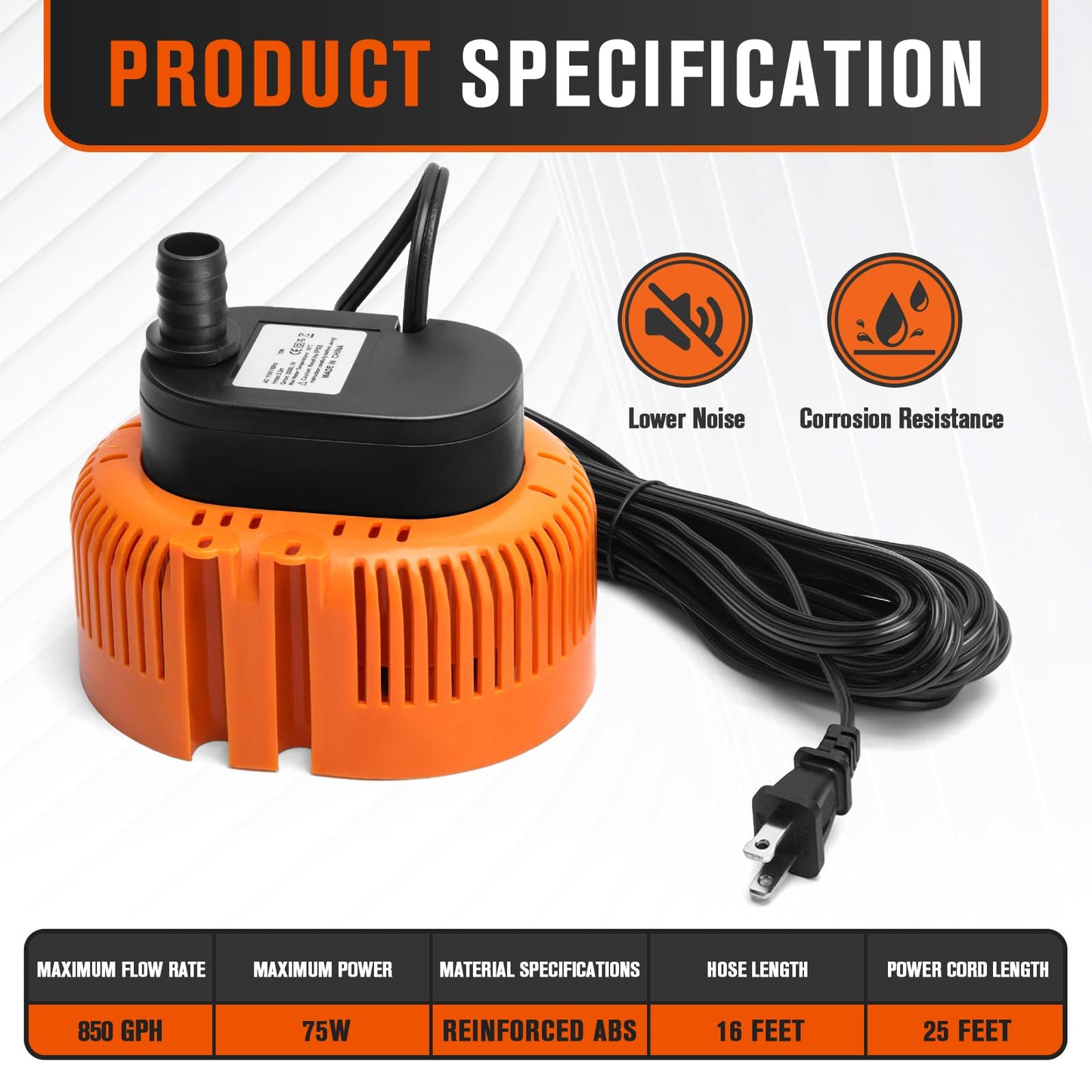 Sump Pump,Pool Cover Pump above Ground,submersible water pump Swimming Water Removal Pumps,for Swimming Pool Basement Garden Pond Tubs Draining,75W,Max Flow:850GPH,3 Adapters,25 Ft Power Cord (Orange)