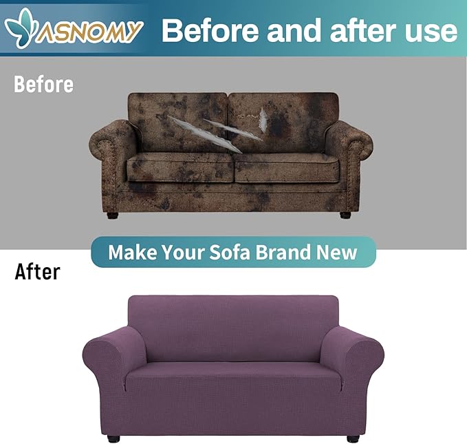 Asnomy Sofa Covers for 2 Cushion Couch Stretch loveseat Covers Slipcovers, Pet Protector Furniture Covers for Dogs Cats Spandex Jacquard Fabric Small Checks （Medium，Gray Purple）