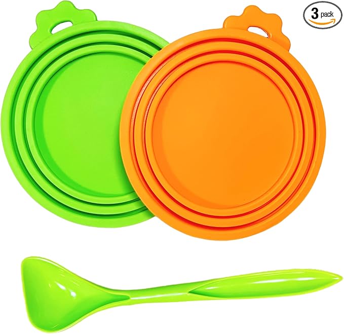 MoPawKT- Pet Food Can Covers, Silicone Can Lids for Cat/Dog Food, Universal 3 Sizes for Most of Standard Food Cans, BPA Free Reusable (2 lids+1 spoon)