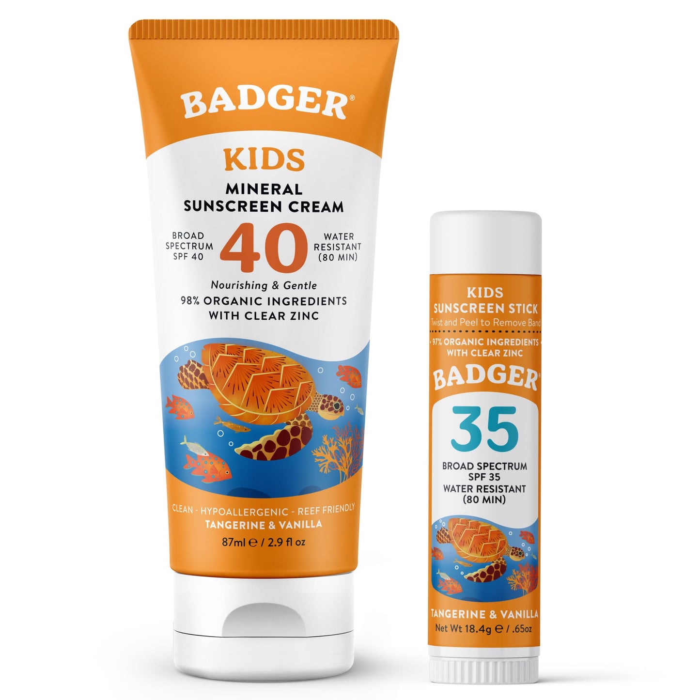 Badger Kids Mineral Sunscreen Combo, SPF 40 Cream + SPF 35 Kids Face Stick, 98% Organic Ingredients with Mineral Zinc Oxide, Water Resistant, Reef Safe Broad Spectrum, Tangerine & Vanilla Scent