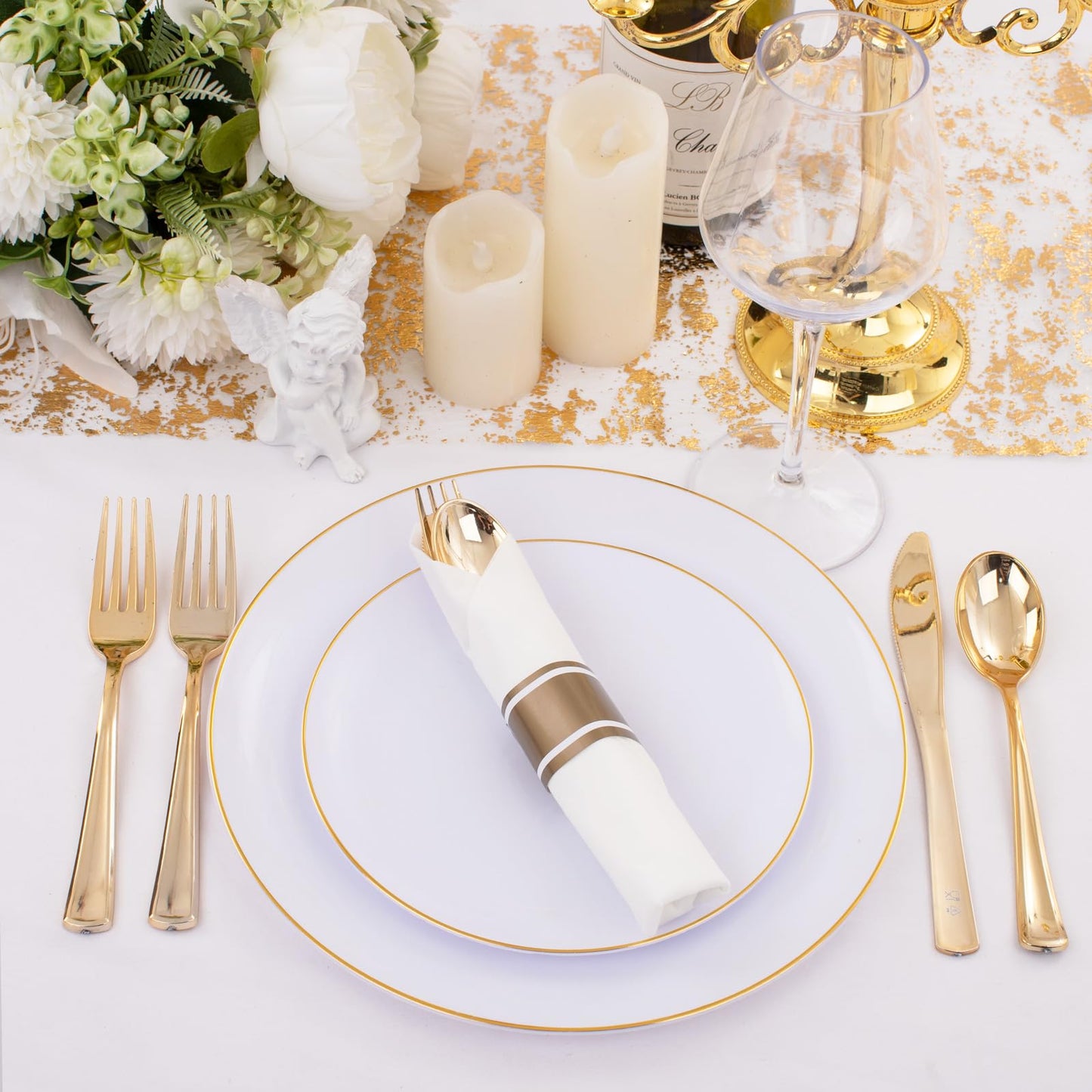 Supernal 120Pack Gold Plastic Silverware Wrapped Plastic Cutlery Set with Napkin,Pre Rolled Napkins with Cutlery Set,Rolled Silverware Disposable For Halloween Thanksgiving Christmas