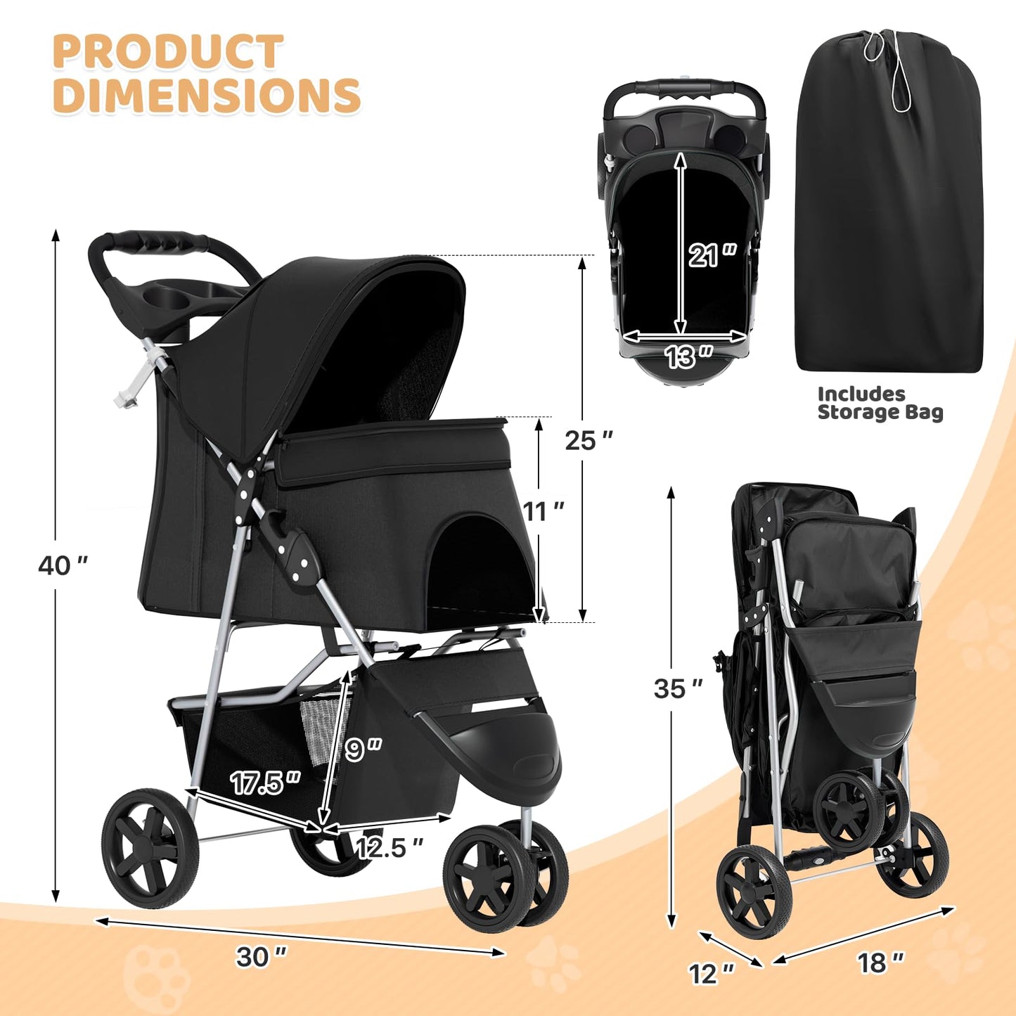 Magshion 3-Wheel Pet Stroller, Foldable Travel Jogger for Small & Medium Dogs & Cats (Up to 33lbs), Lightweight Carrier with Breathable Mesh Cover, Cup Holder & Storage Basket, Black