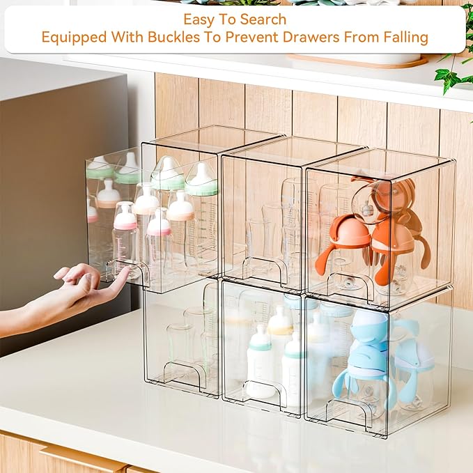 Yieach 7.6" H Baby Bottle Organizer for Cabinet,4 Pack BPA FREE Bottle Storage Organizer Baby,Clear Stackable Storage Drawers for Makeup,Skincare,Beauty Products Bathroom Closet Organizers and Storage