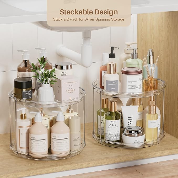 LAMU 2Pack 2 Tier Lazy Susan Organizer 12 inch Large Lazy Susan Turntable Rotating Spice Rack Organization for Cabinet, Kitchen, Pantry, Countertop, Bathroom, Vanity, Medicine Cabinet Organizer, Clear