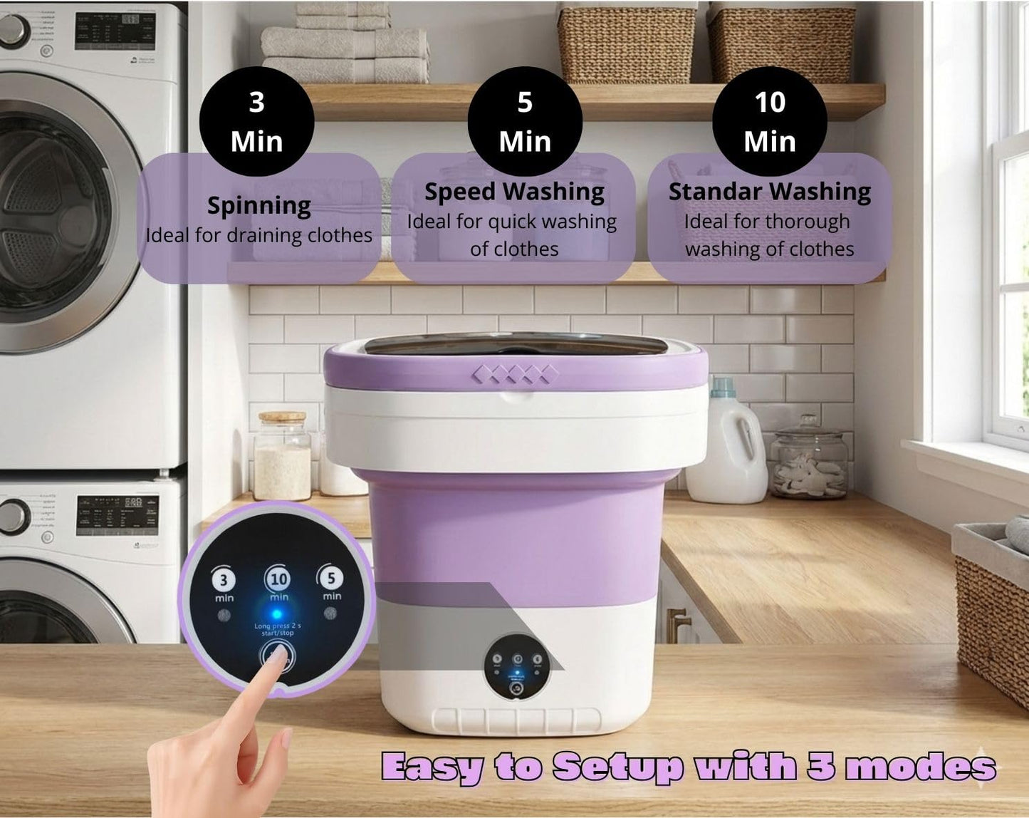 Portable Electric Foldable Mini Washing Machine 16L – Touch Digital Control for Baby Clothes, Underwear, Camping, RV – Spin Function – Purple