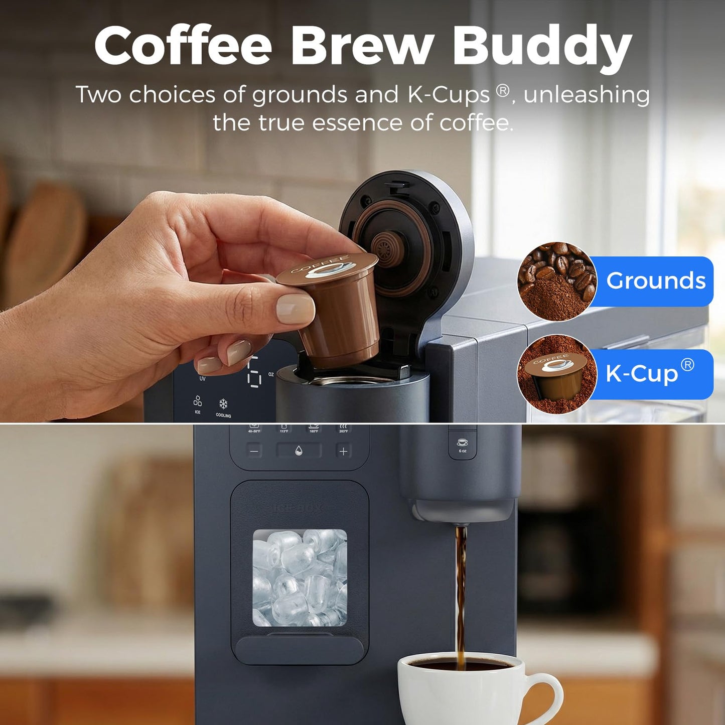 3-in-1 Water Dispenser with Ice Maker - Coffee Maker Countertop Bullet Ice Maker 16.6 lbs/24H with Timer, Hot/Cold/Warm Adjustable Volume Water, K-Cup® Ground Coffee Brewer for Home Office Gift