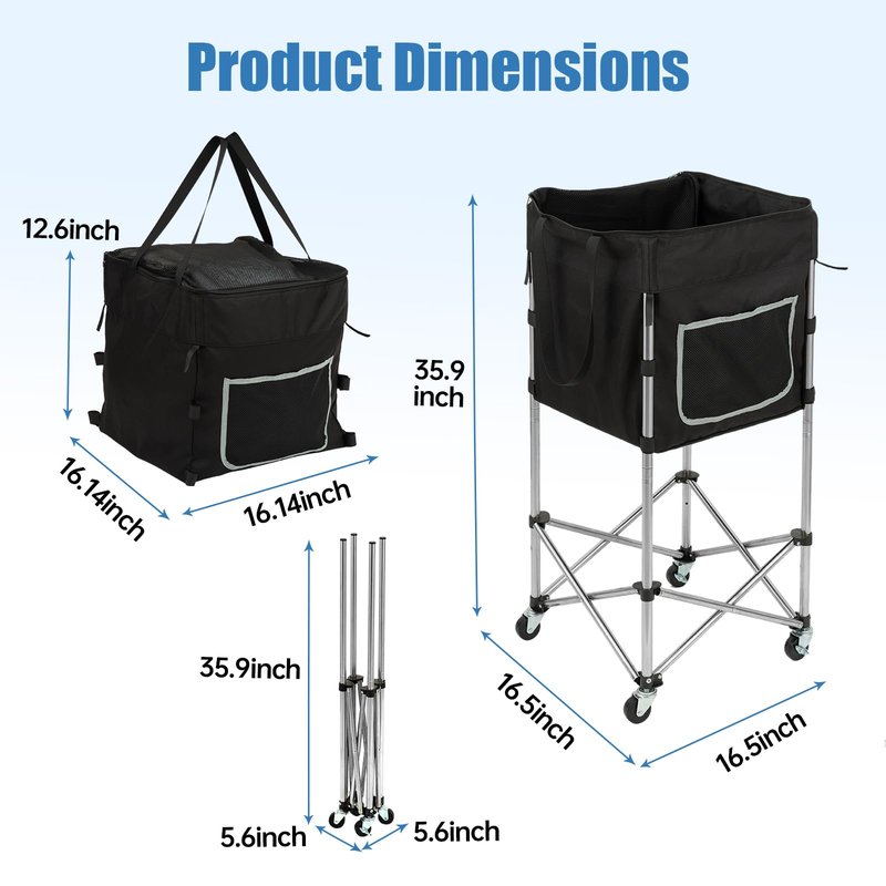 TaiAlphayi Tennis Ball Cart with Wheels & Brake (180 Capacity) – Heavy Duty Stainless Steel Frame with Detachable Washable Bag – Foldable Travel Hopper for Tennis & Pickleball, Portable Carrier