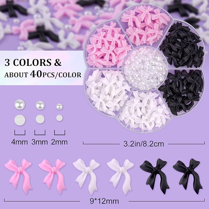 1 Box 3D Bow Nail Charms and Flatback Pearls Set 11, 120 Pcs Pink White Black Cute Bow Charms for Nail Design + 2-4mm White Nail Pearls with Pickup Tweezer and Pencil for Nail Art Decoration
