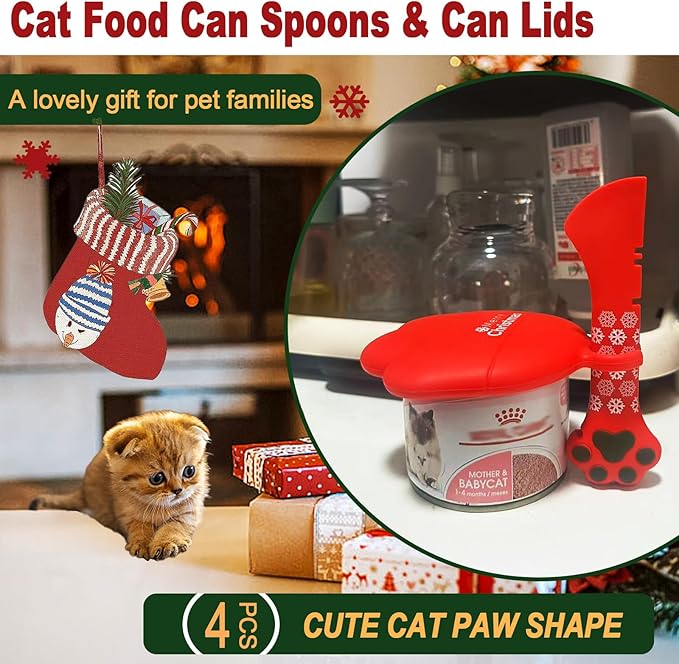 SJANE 4 Pcs Christmas Style Cat Food Can Spoon & Can Covers | Cute Paw Silicone Pet Food Tin Opener Spatula & Lids | Stainless Steel Wet Foodstuff Spoon for Cats and Dogs(Christmas Red)