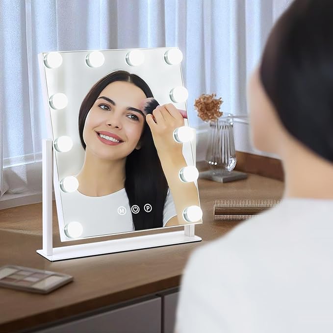 Vanity Mirror with Lights, 13'' x 11'' Lighted Makeup Mirror for Desk, Hollywood Mirror with 12 Dimmable Bulbs, 3 Color Modes, Smart Touch Control, 360°Rotation, Gifts for Women