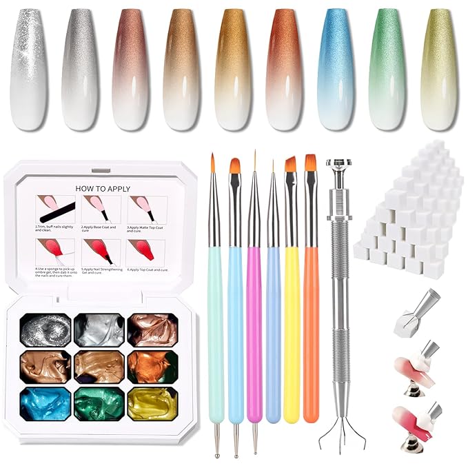 Chrome Metallic Gel Polish Set, Reflective Glitter Golid Silver Brown Blue Green Sparkle, 9 Colors Ombre Patting Gel Nail Polish Palette 100Sponges 6Brushes 1Grabber, No Wipe UV/LED Cured (Set 13)