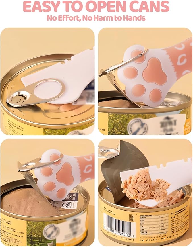 5 PCS Cat Food Can Covers Lids Set - Cute Paw Design Pet Cans Lids Covers with Can Opener, Wet Food Spoon & Cat Treat Squeeze Spoon for Cats, Dogs (Pink)
