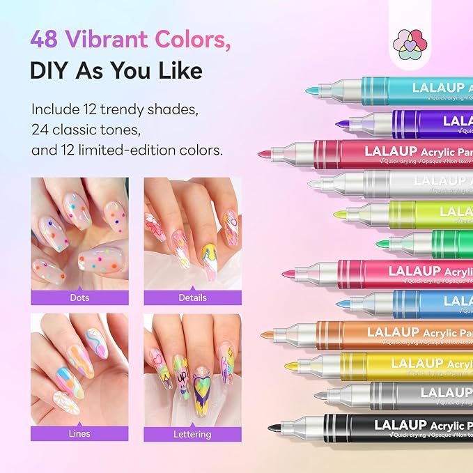 SAVILAND Nail Art Pens Set: 48 Colors Quick-Drying 3D Nail Polish Pens Acrylic Paint Markers for Nail Art Painting Drawing Liner Brush Dotting Tools Kit for Home DIY & Salon Manicure