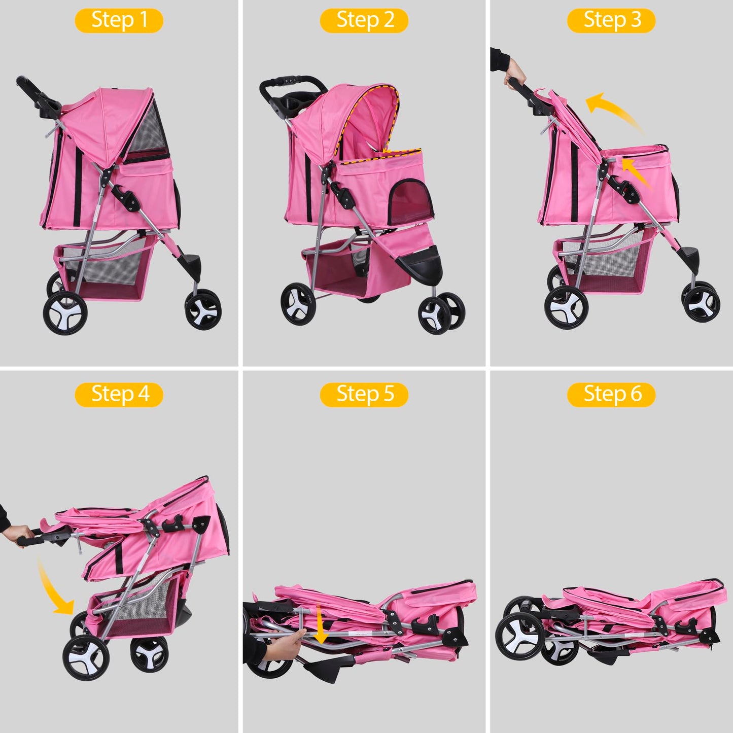 LEMY Foldable Pet Stroller,3 Wheels Cat/Dog Stroller with Weather Cover for Small/Medium Dogs and Cats,Pink Pet Strolling Cart with Storage Basket and Cup Holder