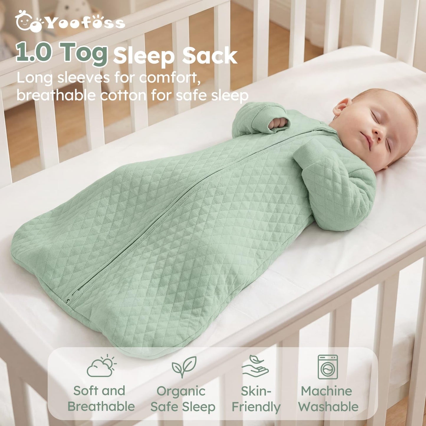 Yoofoss Baby Sleep Sack 12-18 Months 1.0 Tog Long Sleeve Sleep Sack Organic Cotton Wearable Blanket for Toddlers 2-Way Zipper Quilted Sleeping Sacks(Large)