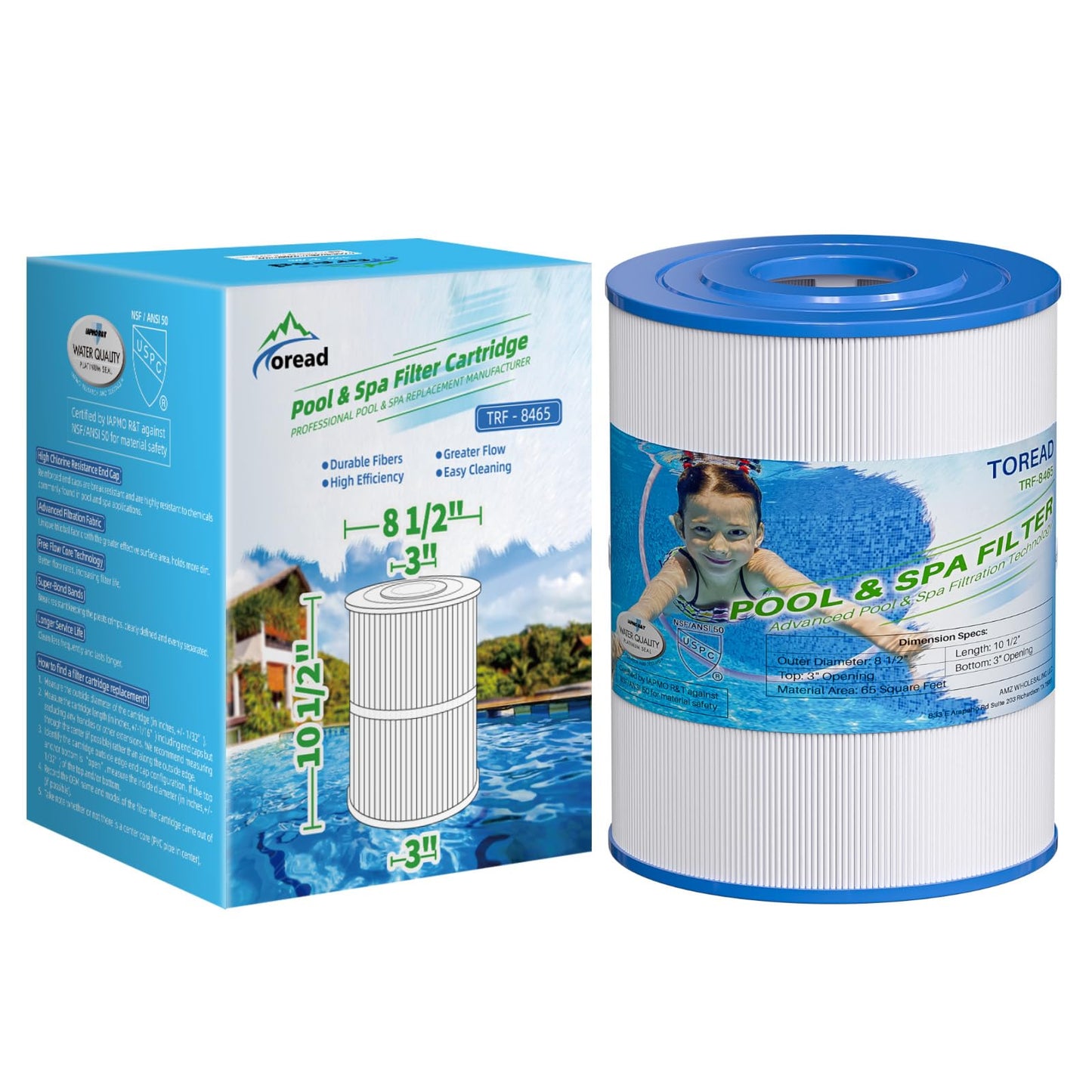 TOREAD NSF-50 Certified Watkins 31114 Replacement Tiger River Spa Filter, Compatible Unicel C-8465, PWK65, Filbur FC-3960, 71827, 71828 Hot Tub Filter, 65 sq. ft Hot Spring Spa Filter 1pack