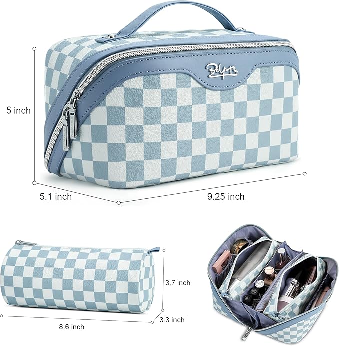 BOYATU Travel Makeup Bag Organizer Cosmetic Bag: 3 Pcs Set Make up Bags for Women with Handle - Waterproof Vegan Leather Toiletry Bag (01-G-Blue)
