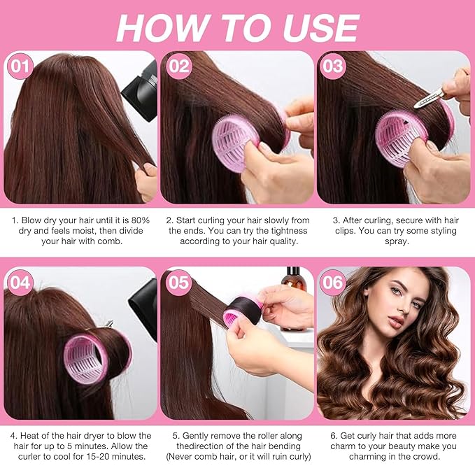 60 Pcs Hair Rollers for Women, Rollers Hair Curlers, 24 Pcs in 4 Sizes(60/48/36/25mm), Self Grip Hair Rollers Set with 34 Pcs Stainless Steel Clips for Long, Medium, Short, Storage Bag, Comb