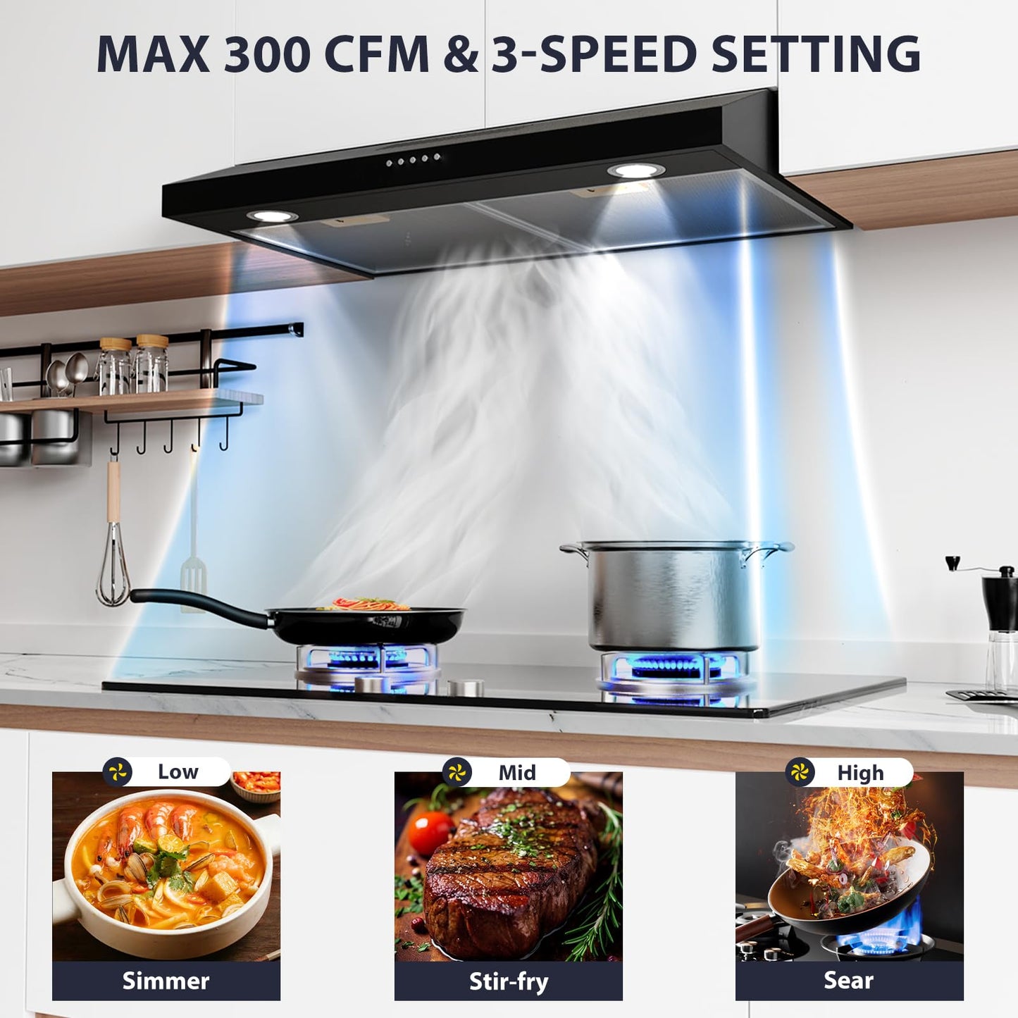 Argyolas 30 Inch Under Cabinet Range Hood, Ductless Oven Hood Vent Convertible to Ducted, Kitchen Stove Extractor with Charcoal Filter and Foil Pipe