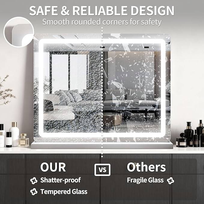 ROLOVE 23x18 Inch Vanity Mirror with Lights, 3-Color Modes, Dimmable LED Mirror with Touch Control - Large Makeup Mirror for Dressing Room (Wall/Tabletop Mount)
