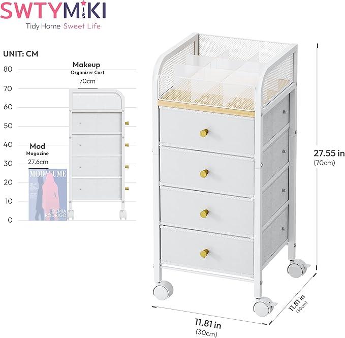SWTYMIKI Rolling Makeup Organizer Cart - Under Desk Vanity Makeup Storage with 4 Non-woven Drawers, Nail Cart Organizer Cosmetic Display Cases Cabinet for Skin Care Perfume Nail Polish Brush Hair Tool
