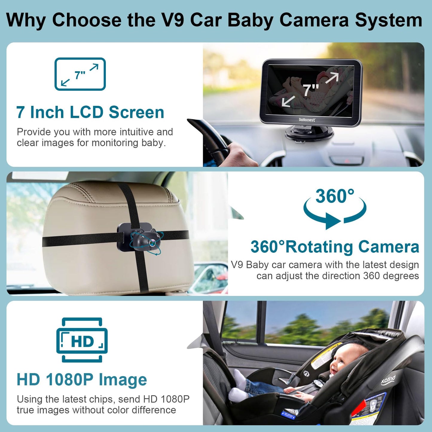DoHonest Baby Car Camera 7-Inch: USB Plug and Play Easy Setup 360 Degree Rotating Backseat Camera Two Kids HD 1080P Rear Facing Car Seat Cameras Clear Night Vision -V9